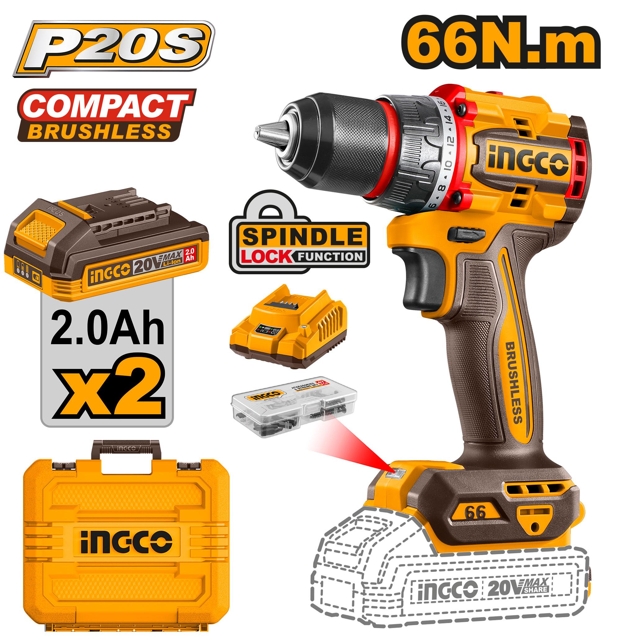 INGCO 20V Compact Brushless Cordless Drill Kit - 66Nm Torque | CDLI20668 Ingco